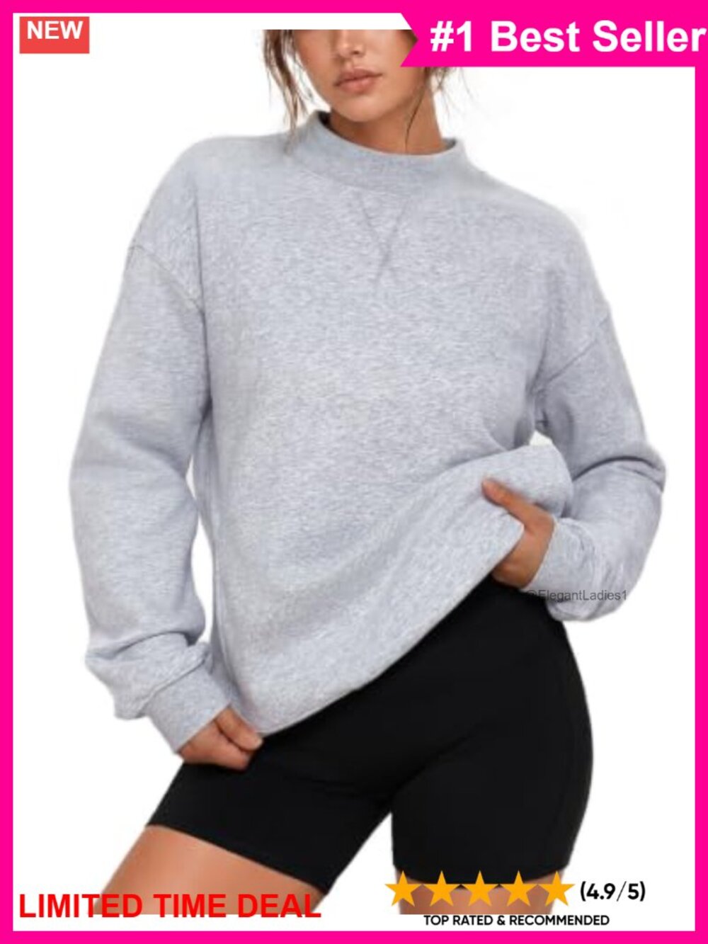 100% Cotton Mock Neck Oversized Sweatshirt Fleece Lined Pullover